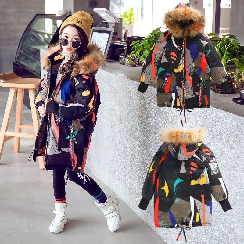 Girls winter Coat Kids School Sport Print Thick Warm Jacket Hooded Outerwear For Cold Winter Child Clothing