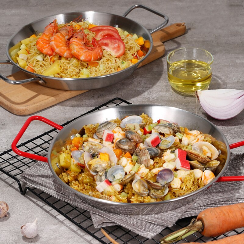 Spanish Saucepan Red Handle Stainless Steel Thickened Paella Pan Non-magnetic Double Ear Pan Baked Rice Pan Fried Chicken Pot