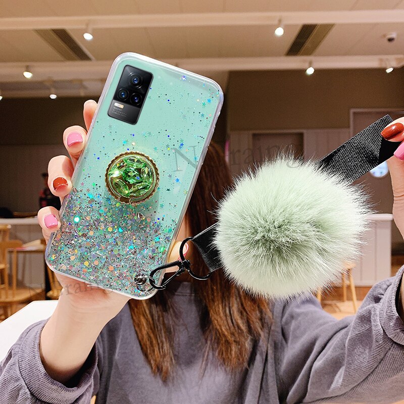 Handphone caso para vivo v21e macio tpu luxo strass anel titular hariball com alça