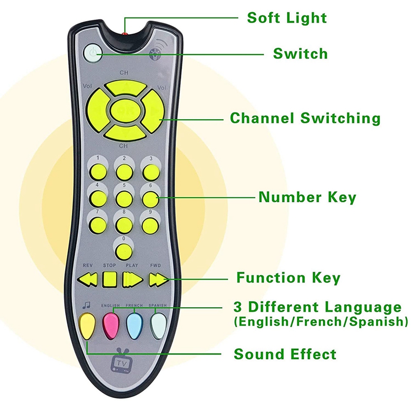 Fbil-baby realistische tv-fernbedienung mit licht und sound, englischer, französischer und spanischer sprache, spielzeug für mädchen und jungen