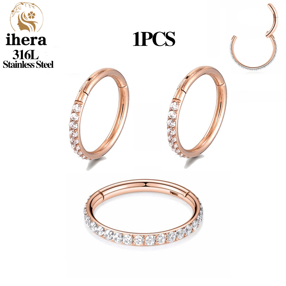 1/10/50 Uds. Anillo de acero inoxidable con bisagras de circón para tabique nasal, pendientes redondos, aros para oreja, Tragus, hélice, joyería para Piercing: Blanco / Pistola negra plateada