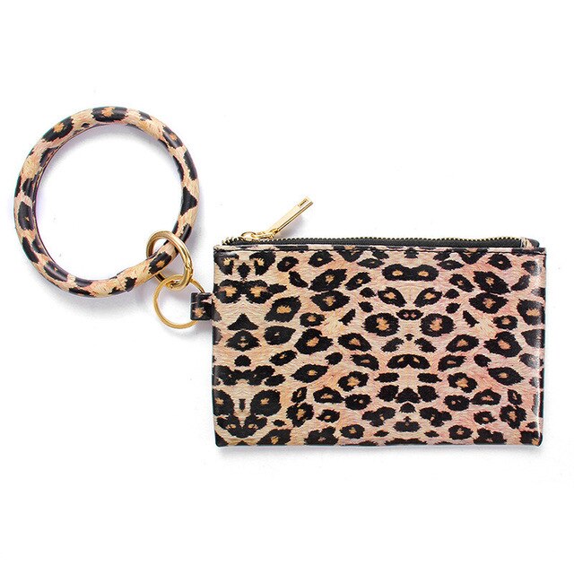 Multi-purpose Pu Leather Flower Leopard Printed Phone Wallet O Key Rings Women Wristlet Bracelets Key Chain: B