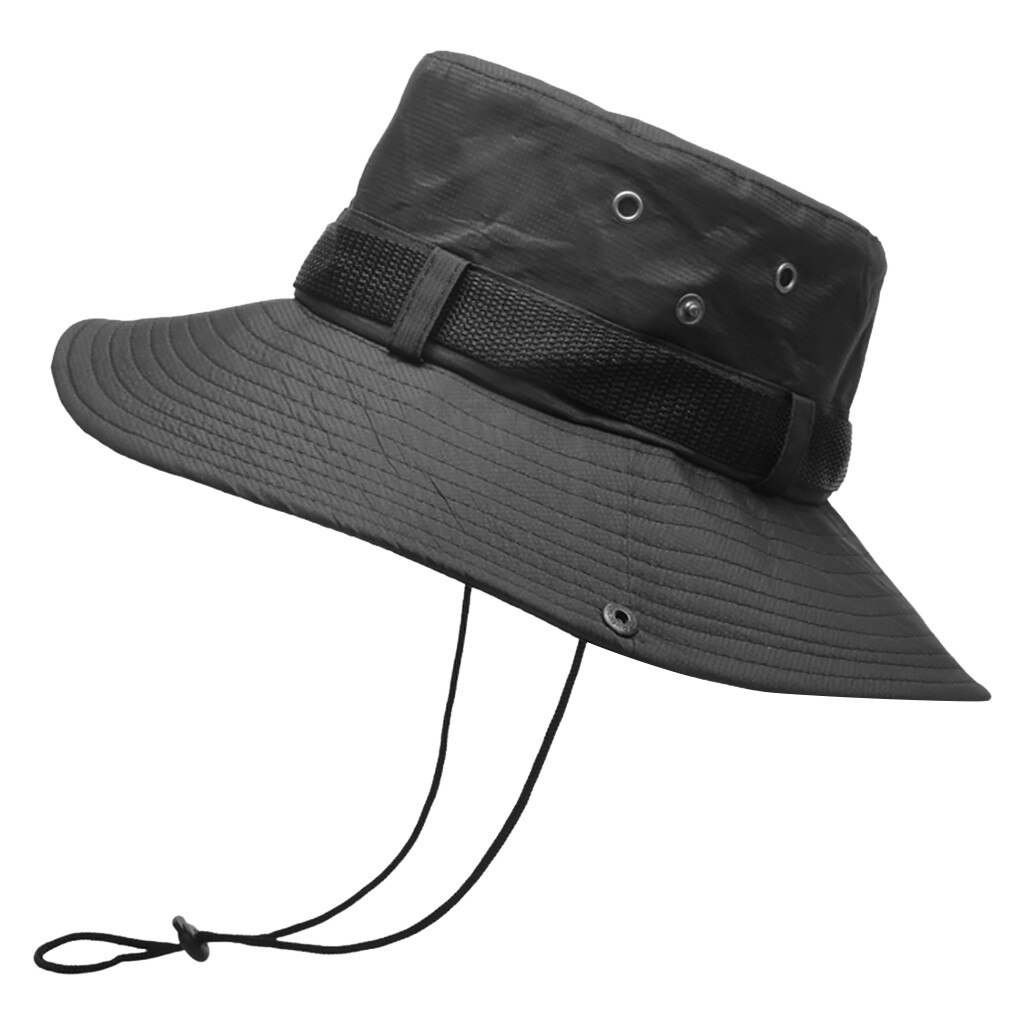 Mens Summer Outdoor Sun Hat Sun Protection Breathable Solid Fisherman Cap Foldable Lacing Bucket Hat Gorras Hombre: Black