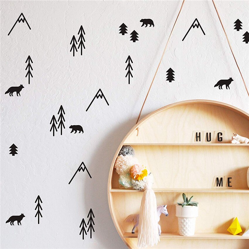 Woodland Animals Trees and Mountains Vinyl Wall Stickers for Bedroom Living Kids Room School Nursery Wall Decals Room Art Decor