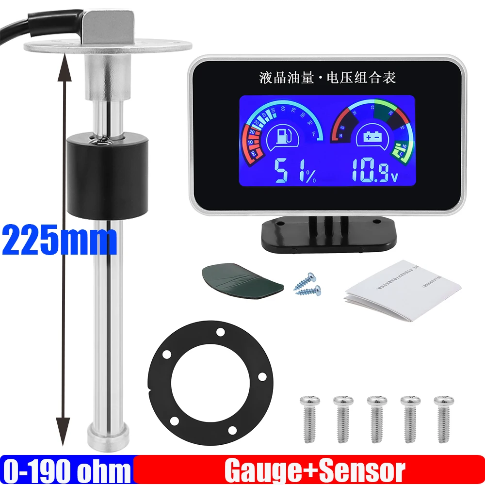 Sensore di livello galleggiante carburante personalizzato 0-190 ohm 100-600mm 2 IN 1 LCD Misuratore di livello carburante + voltmetro per camion auto 12V 24V: Oro