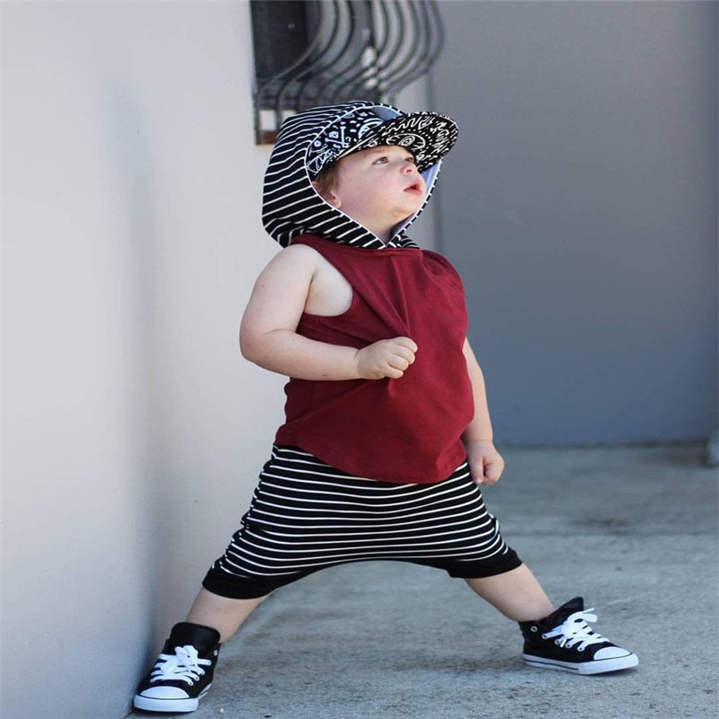 Newborn Outfit Baby Boys Clothes Set Red Hooded Sweatshirt Tops Striped Pants Sleeveless Hoodie Infant Born Baby Clothes Set