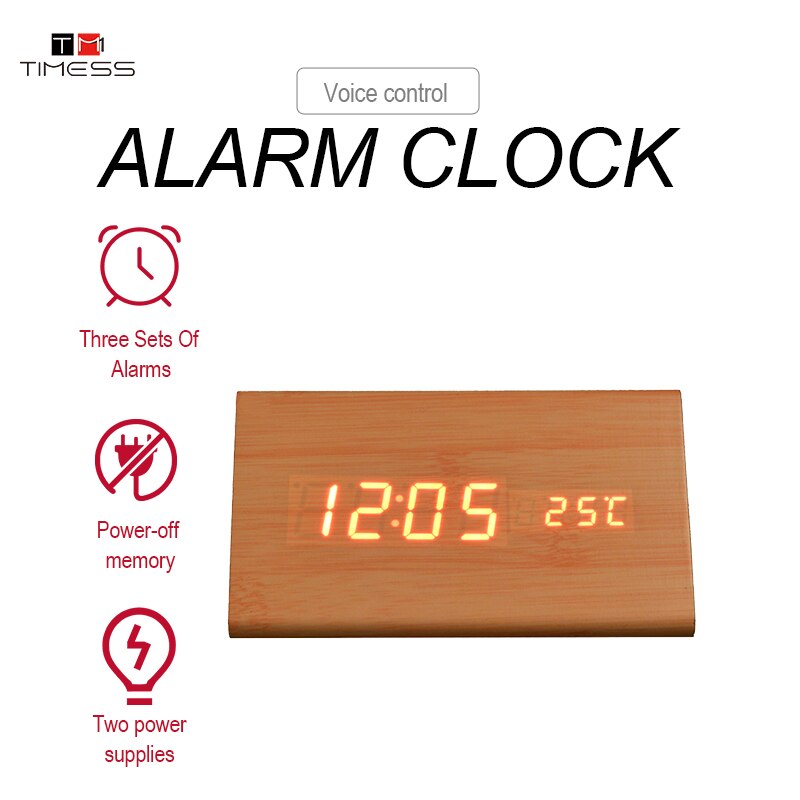 TIMESS USB Clocks LED Wooden Alarm Clock Watch Table Voice Control Digital Wood Electronic Desktop Table Decor Clock 2022