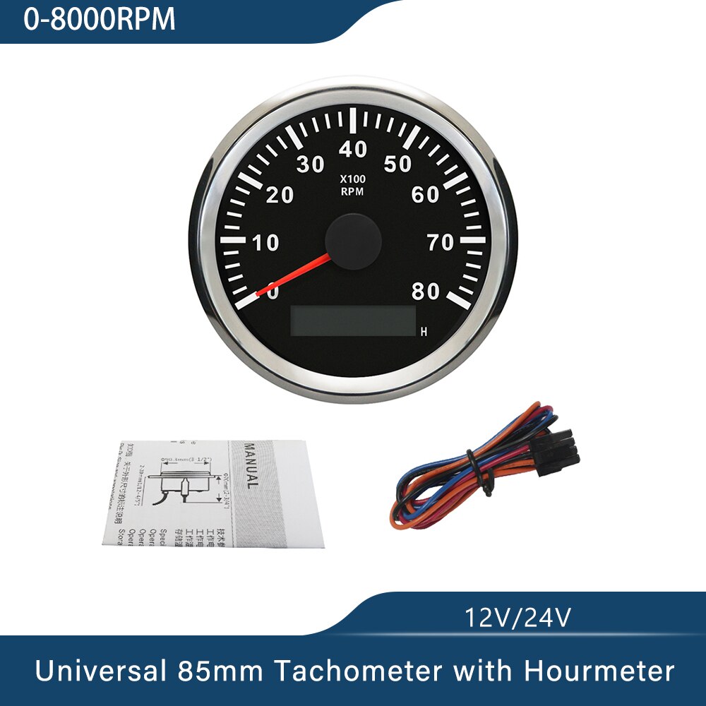 Waterproof 85mm Generator Tachometer RPM REV Counter 0-3000RPM with LED Hourmeter 12V/24V with Red Backlight: 8KBS