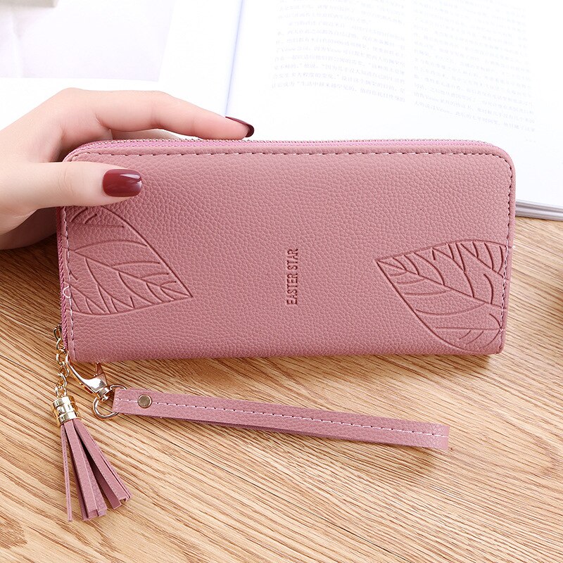 Womens Clutch Wallets PU Leather Purses Female Wristband Leaf Print Long Women Purse Large Capacity Bag Women Wallet: Deep Pink