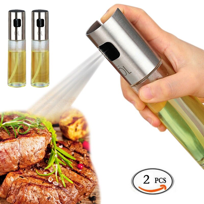 2PCS/Set Glass Oil Spray Bottle Pump Kitchen Olive Oil Sprayer Stainless Steel Oil Pot Bottle Oil Dispenser Gadget Cooking Too
