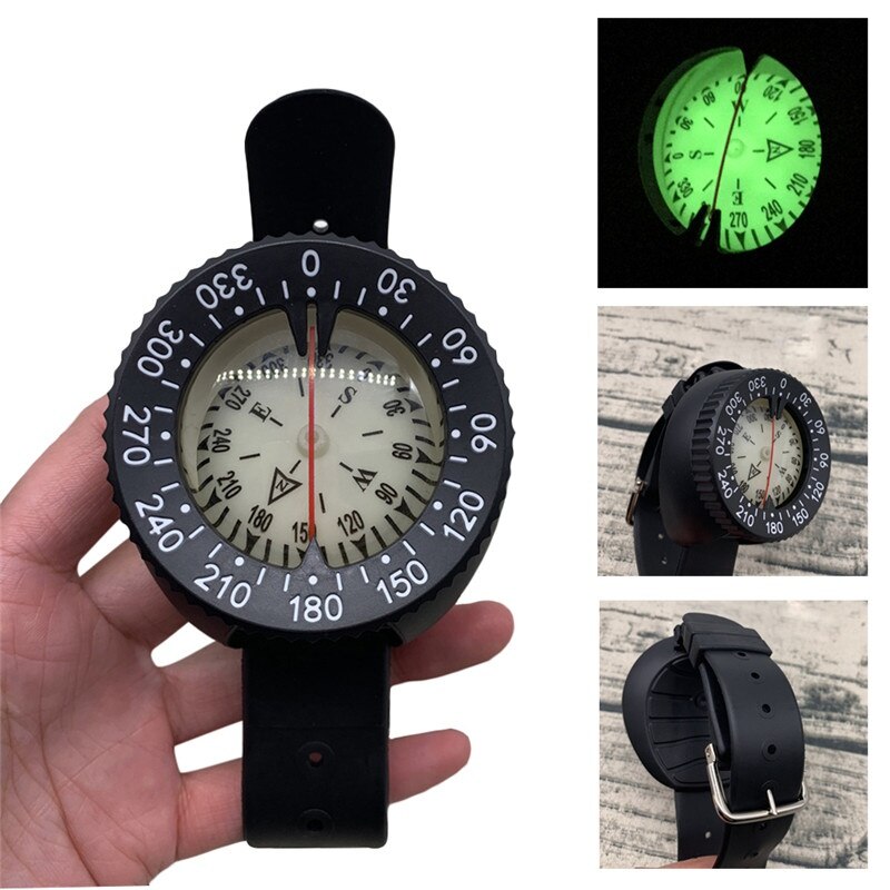 50m Waterproof Diving Compass Underwater Caving Camping Compass with Wristband Diving Scuba Watchband Fluorescent Dial Compass