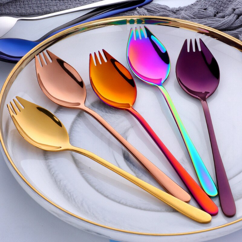 Stainless Steel Fork and Spoon Integrated Spoon and Fork Integrated Korean Household Long-Handled Salad Fork Dessert Fork Spoon