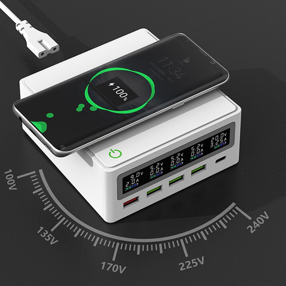 Ilepo 110W 5 Poorten QC3.0 Usb Type C Pd 65W Adapter Lcd Draadloze Oplader Cellphonetfast Lader Station voor Laptop Tafel