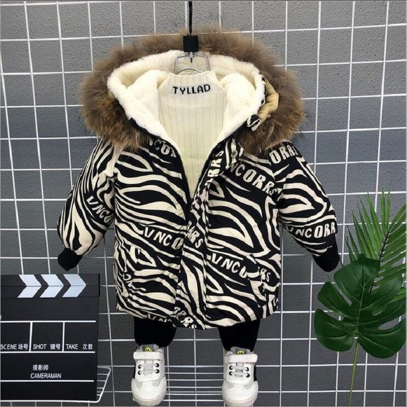 Winter Parka 2-7Y Baby Boys&#39; Cotton Padded Clothes Plus Velvet Thickened Fur Collar Hooded Long Warm Jacket For Children&#39;s Coat