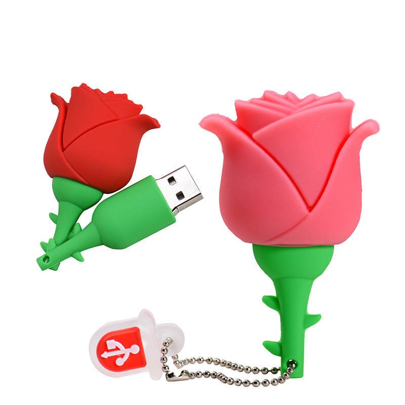 Unidades flash USB de rosa roja de dibujos animados, memoria rosa de 128GB, 64GB, para niños, Pen Drive, llavero colgante gratuito de 32GB