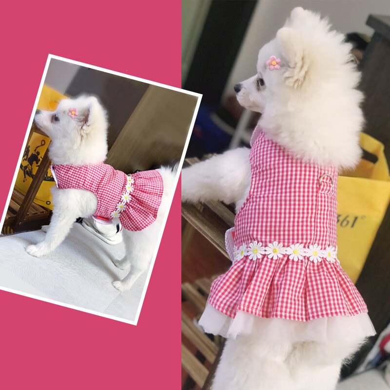 Vestido con arnés para perro y gato, camisa con correa a cuadros, flor a juego, falda para cachorro, ropa de primavera y verano