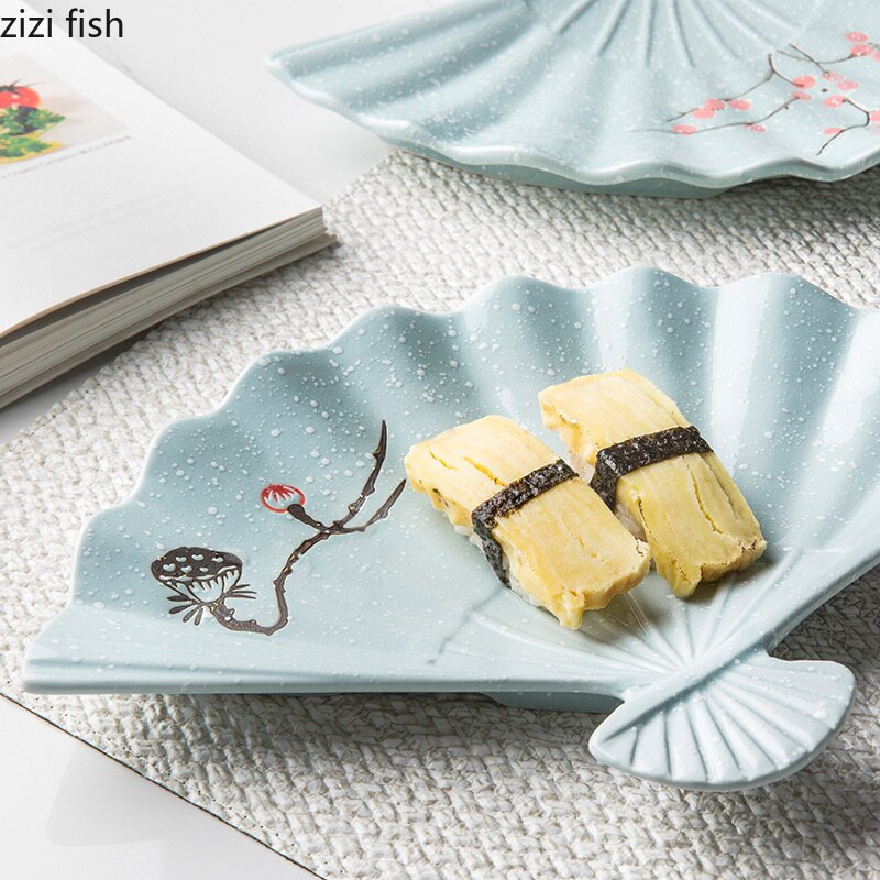 Plat à Sushi en céramique blanc/noir/vert | Vaisselle japonaise en forme d'éventail, assiette Snack créative en éventail