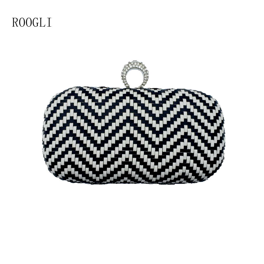 Women Evening Bag classic Black and White Woven Clutch Wedding Party Diagonal Crossbody Shoulder Bag handbag: Default Title