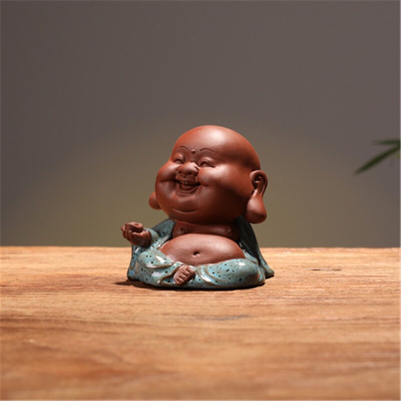 Hecho a mano púrpura arena lindo Maitreya Buda muñeco de monje adornos dedos té jugar té artesanía de mascotas