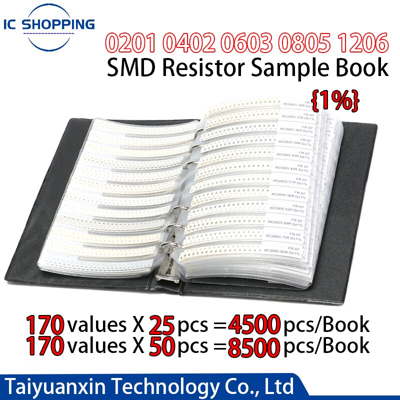 A Book 0201 0402 0603 0805 1206 SMD Resistor Book 1% Capacitor Resistance Package Component Sample SMT Chip Book Assortment Kit