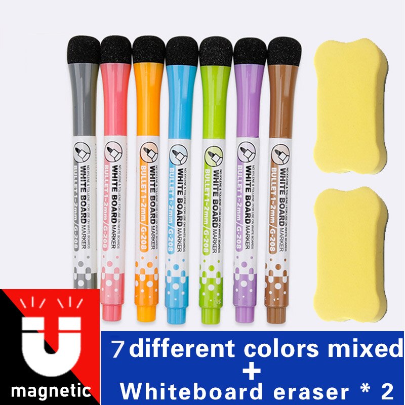 7 Kleuren Magnetische White Board Earaser Markers Tekening Krijt Glas Keramiek Whiteboard Pennen Kinderen Schrijven Leren Gereedschap: 7 pens and eraser X2