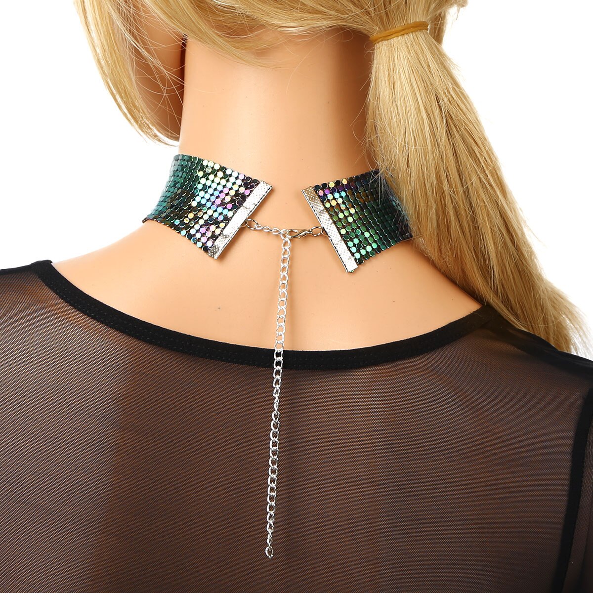 Collar de aleación brillante para mujer, gargantilla brillante, lisa, ajustable, de malla ancha, gargantilla plana