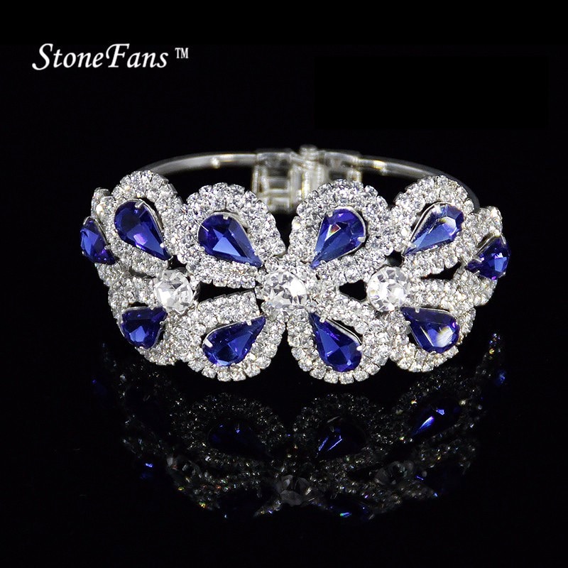 StoneFans Brand Bangles Blue Bangle Bracelet Rhinestone Bangle Bracelets For Womens Ladies Crystal Rhinestone Bangles