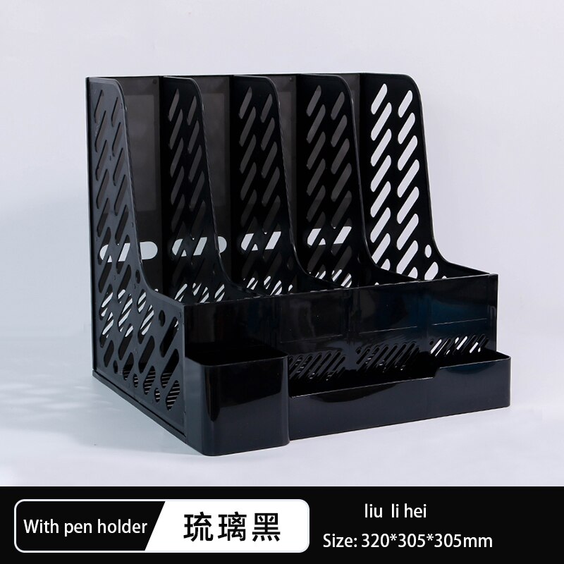 Retro Multi-Layer Frame File Storage Box Student A4 Data Vertical Book Rack DIY Desktop Organization Rack School Office Supplies: hei With pen holder