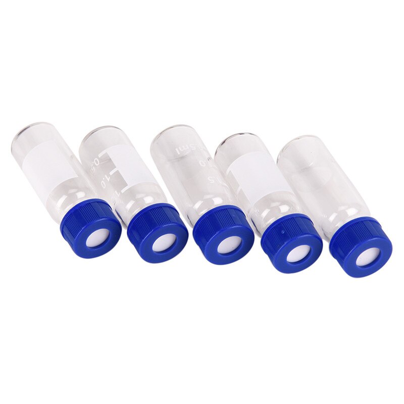 5 pc gennemsigtigt plastlåg, der er gradueret med rund glasflaske, blå skruelågskrue på hætteglas til gradueringsprøve