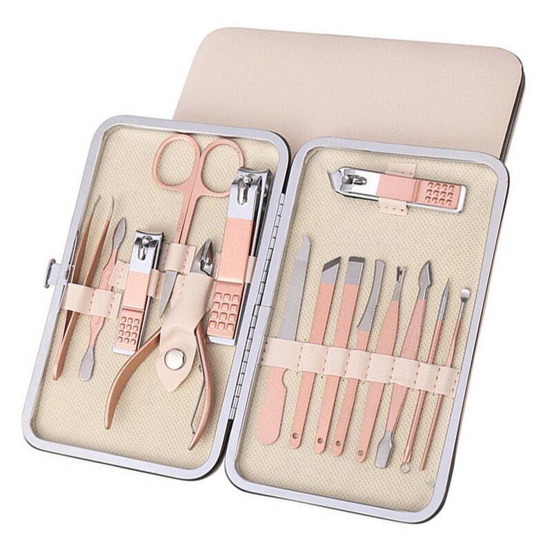 7/10/12/15/18Pcs/Set Nail Kit Set Rose Gold Stainless Steel Multifunction Manicure Set With Luxurious Travel Case: 15Pcs