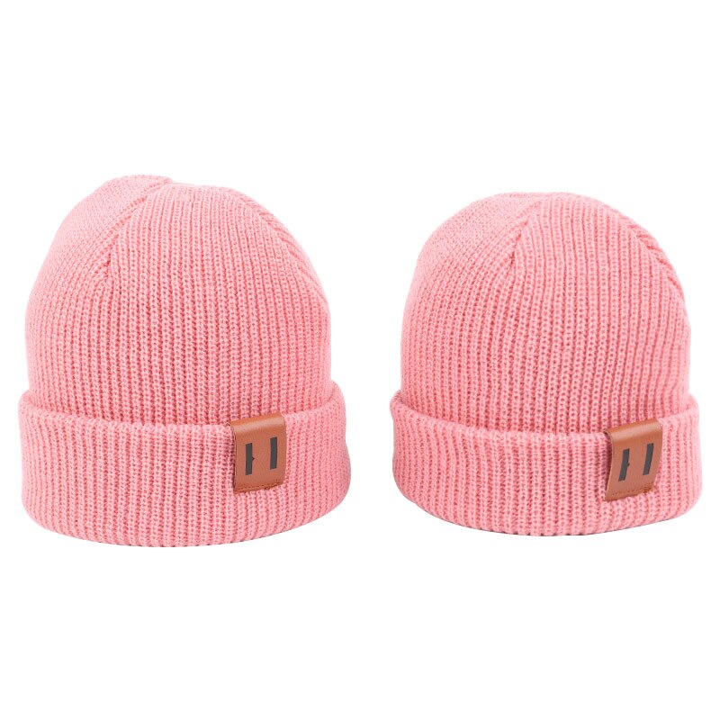 2PCS/LOT Mom Baby Hat for Boy Girl Knit Hat 8 Colors Solid Color Kids Beanie Cap for Adult Children Family Matching Caps: Pink S and L