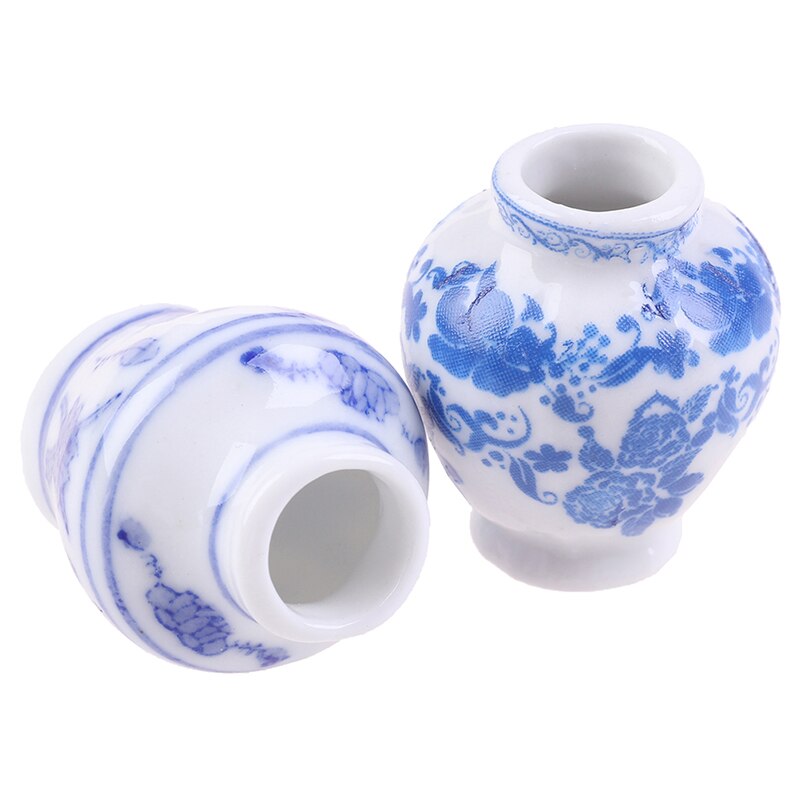 1 Set(2pcs) Mini Blue and white porcelain vase DIY Handmade Doll House Kitchen Ceramic Ornament Decora vase Dollhouse Miniatures