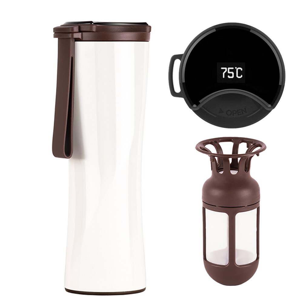 Travel Mug Moka Smart Coffee Tumbler 430ml Portable Vacuum Bottle OLED Touch Screen Thermos Stainless Steel Coffee Cup: White