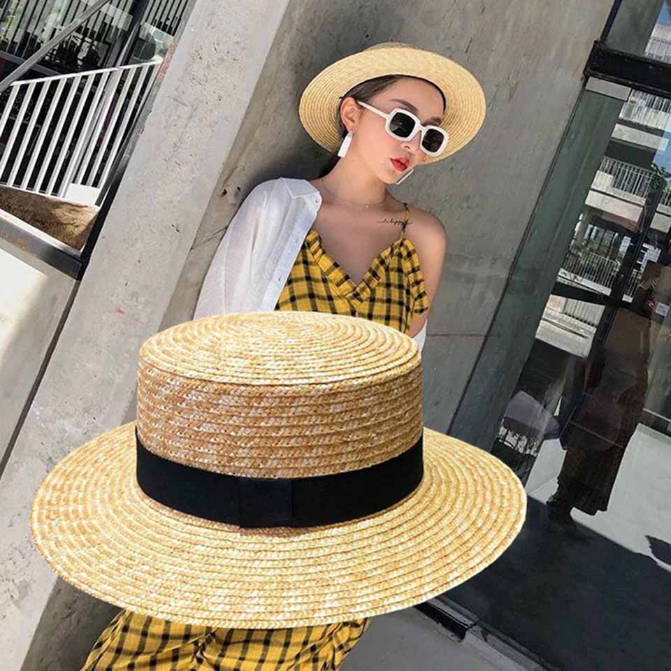 Sommer håndlavet naturlig hvede-halm solhat kvinder stråhat bred skygge flade top hatte mænd strand solide hætter solbeskyttelse chapeau