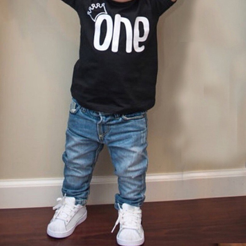 Solid Baby Summer Black ONE Print Short Sleeve Shirt Baby Child Shirt Top Cotton 1PCS