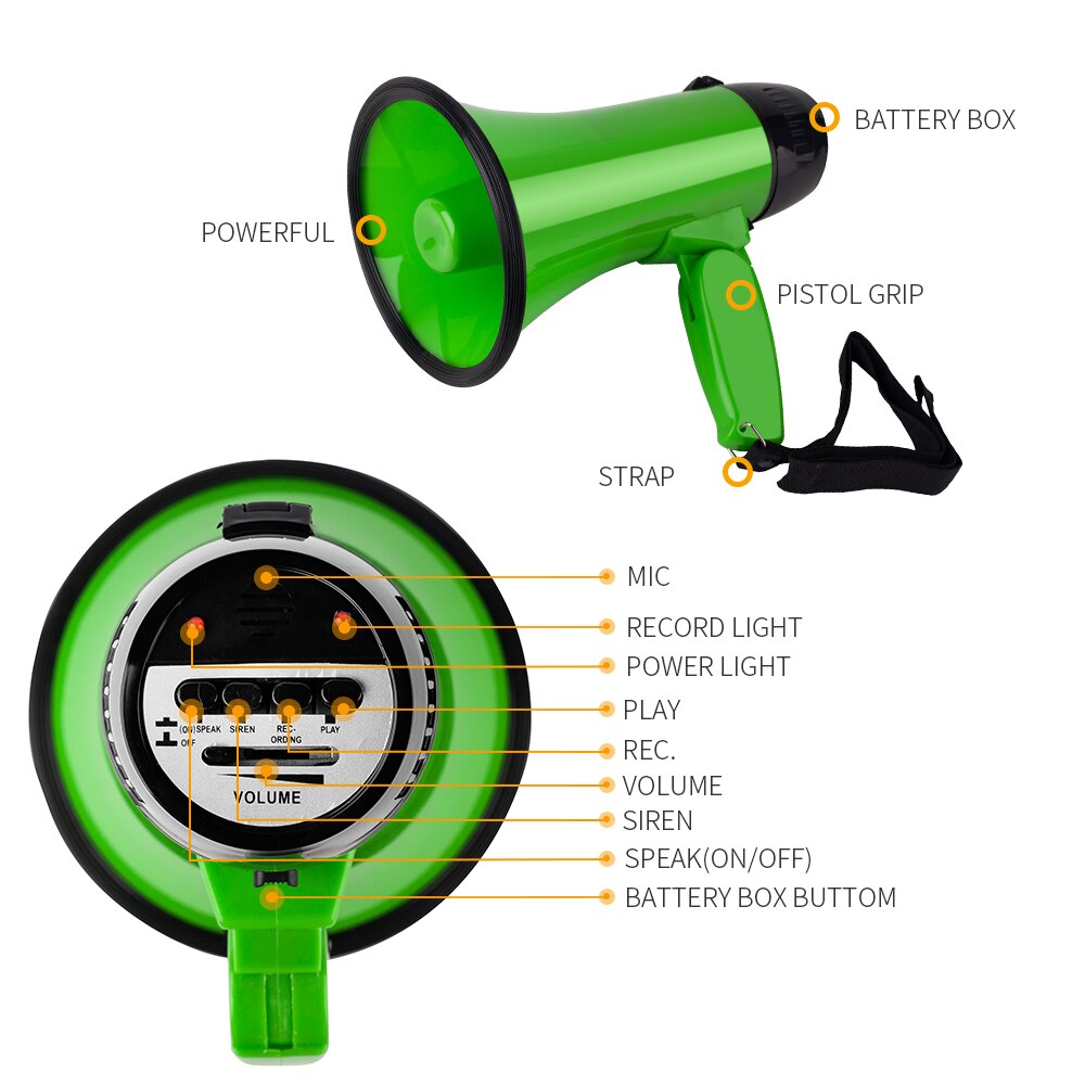 Megafono portatile a mano da 25 Watt Bullhorn con sirena altoparlante registratore di tromba guida turistica altoparlanti microfono altoparlante