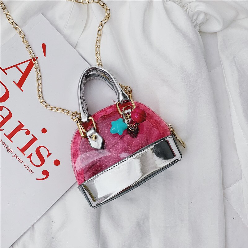 Summer Mini Kid Jelly Shell Handbag Transparent Clear Small Children's Tote Bag Cute Girl Hand Bag Scarf Shoulder Bag: Hot pink