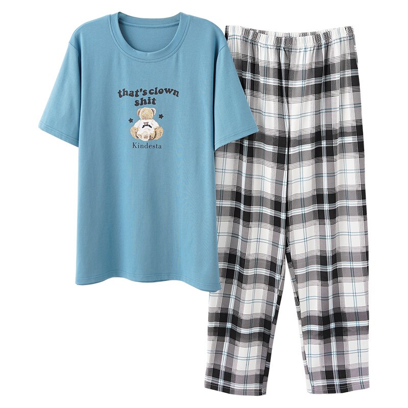 SONG-Conjunto de pijama de algodón para hombre, pantalones largos de manga corta y cuello redondo, con bonito de dibujos animados a la , para el hogar, 2 piezas, novedad de verano y otoño de