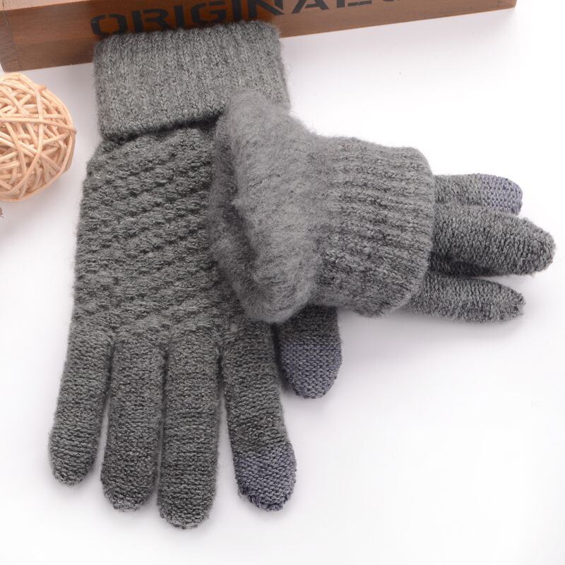 Gloves Men Winter Thicker Printed Simple All-match Soft Trendy Warm Knitting Gloves Mens Touchscreen Outdoor Mitten: dark gray