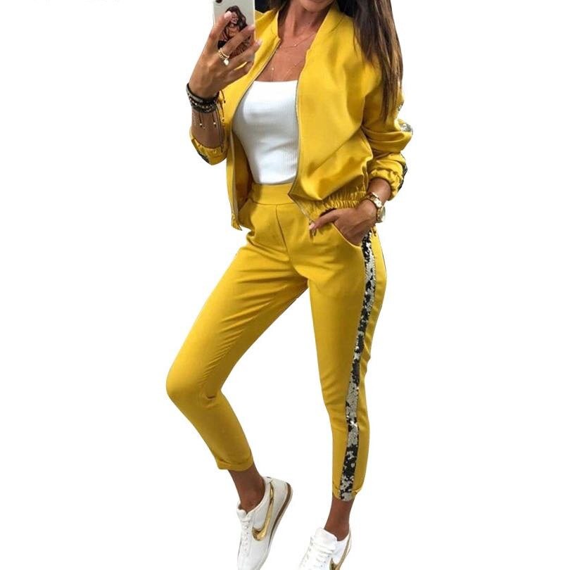 2 Pcs Sequined Patchwork Running Set Women Autumn Winter Sport Suit Sweat Pants Jogger Suits Sportswear Sport Suits: Yellow / S