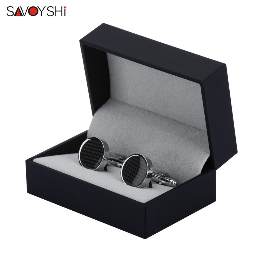 SAVOYSHI Black Carbon Fiber Cufflinks for Mens Shirt Cuff buttons Round Silver color Cuff link Brand Men Jewelry: Cufflinks With Box