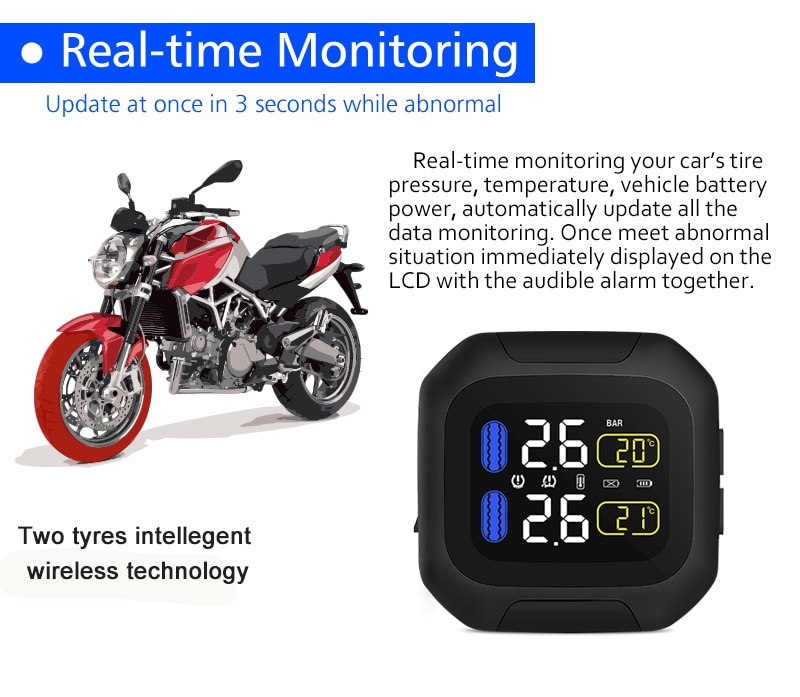 433.92MHz Tpms Motorcycle Tire Pressure Monitoring System Universal Waterproof Sun Protection Real-time tire pressure Display