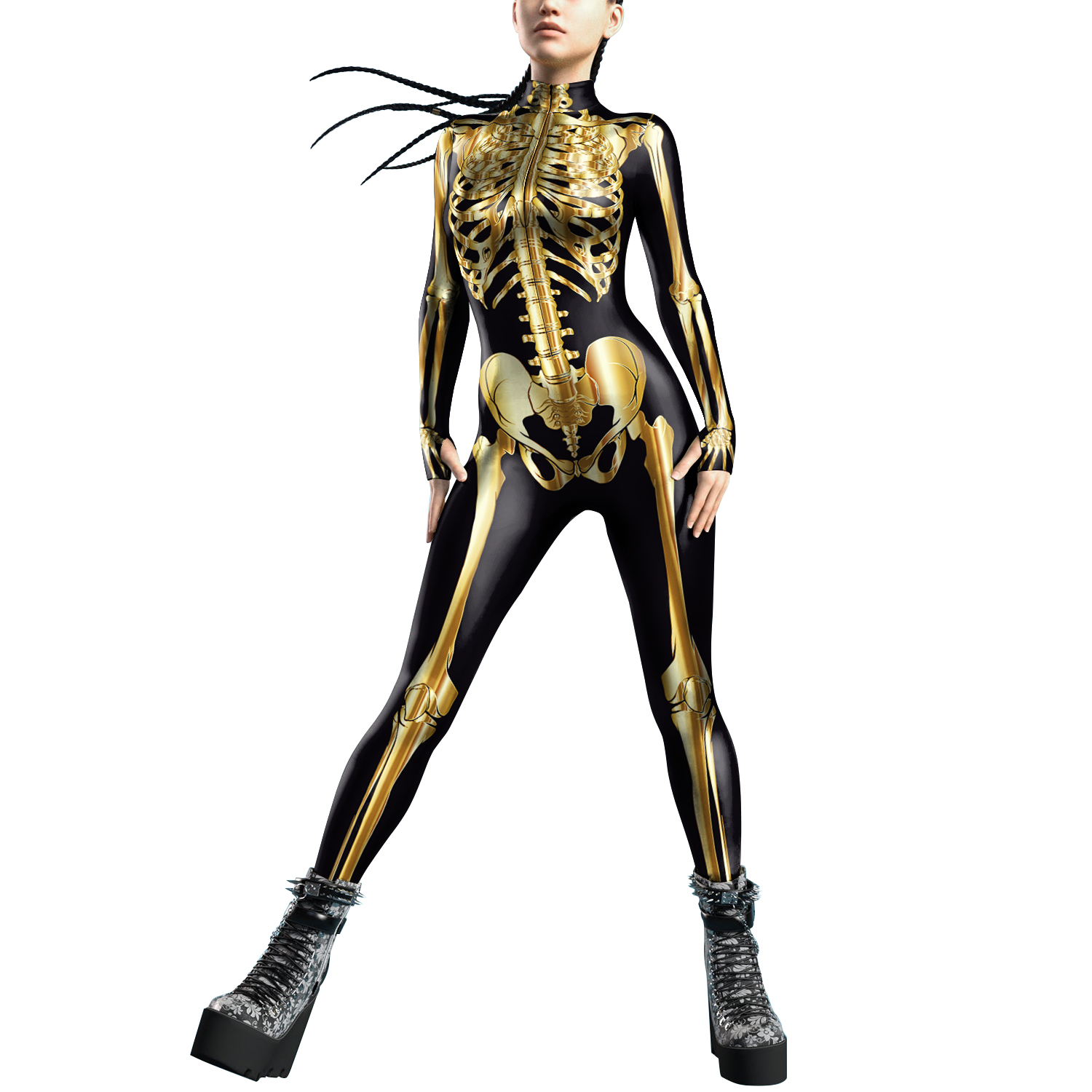 [You're My Secret]Halloween Cosplay Costumes For Women Skeleton Printed Long Sleeve Bodysuits Slim Elastic Fancy Outfits Catsuit: S / black