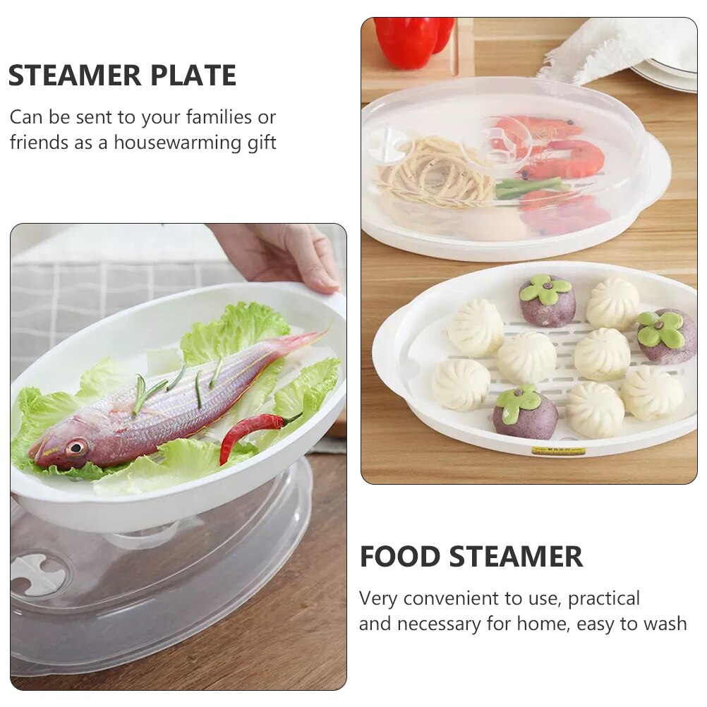 1pc Microwave Oven Kitchen Steamer Plate Food Steaming Tool with Lid (White)