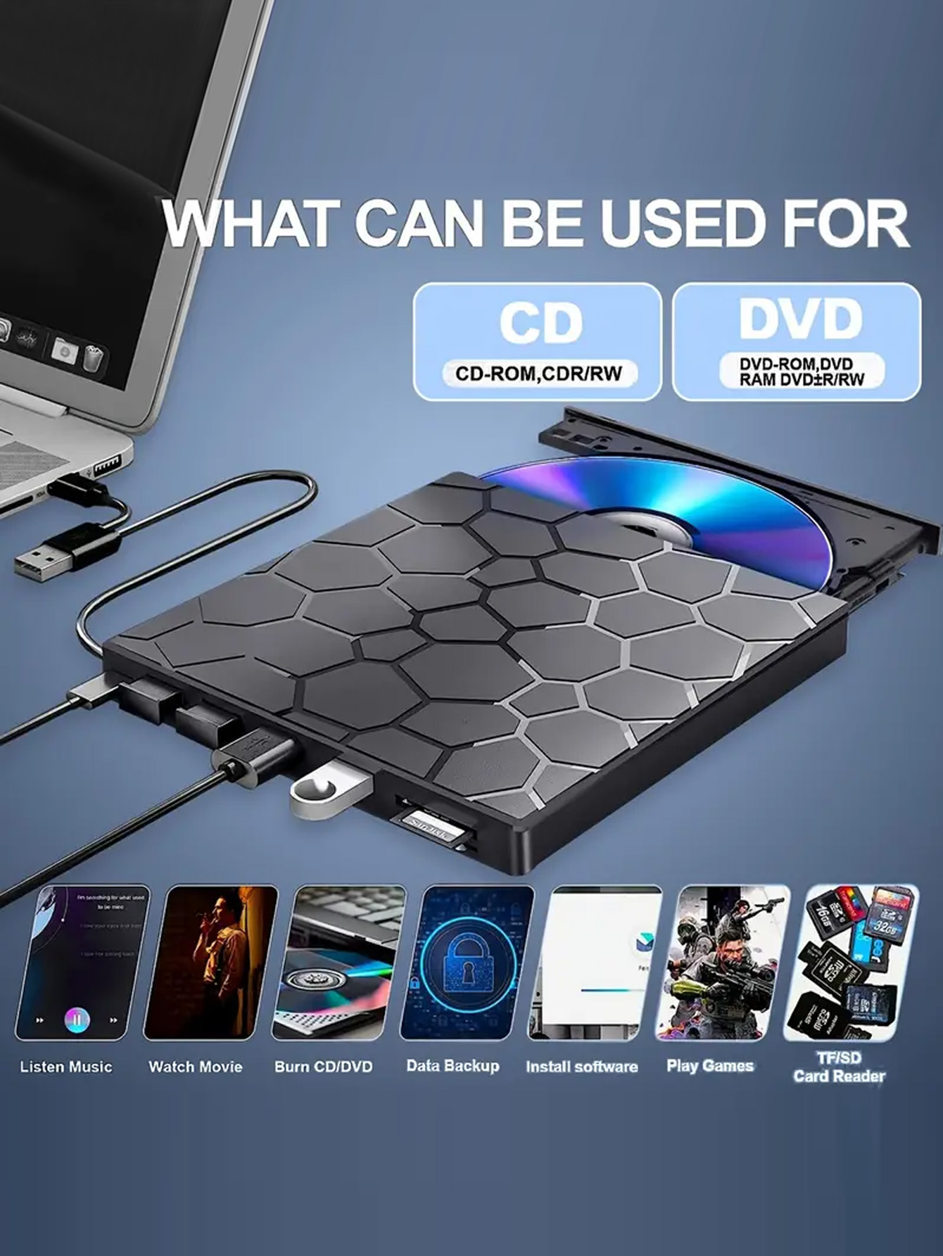 Laptop external CD/DVD drive, 8-in-1 USB 3.0 ultra-thin portable, player and burner CD/VCD/DVD