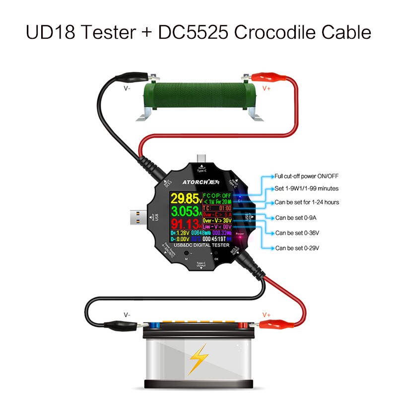 DC5.5 Type-C Usb Tester Digitale Voltmeter Ampèremeter Display Volt Amp Power Bank Meter Iphone E-Test App: add dc5525