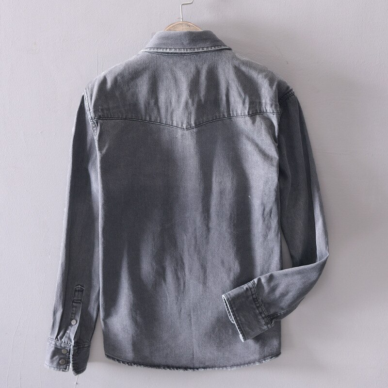 Menn uformelt denim skjorte slank bomull langermet vår solide myke topper herre grå denim skjorte chemise homme