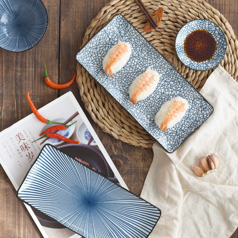 Japansk hengfeng blå og hvid keramisk lang sushi tallerken porcelæn fiskefad til bbq restaurant