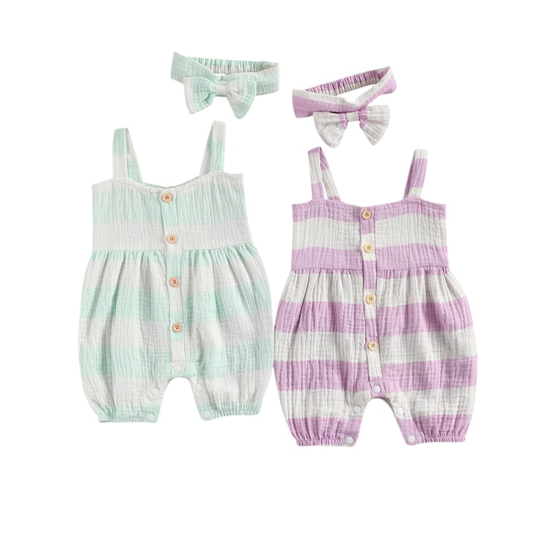 Zomer Mooie Baby Meisjes Jongens Rompertjes Gestreepte Print Mouwloze Knop Jumpsuits Hoofdband 0-24M 2 Kleuren Populaire Outfits