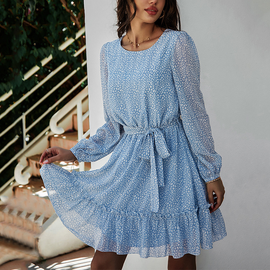 Kvinnor sommar o-ringad chiffongklänningar kvinnliga långärmade klänningar sexiga korta klänningar a-linjeformade festklänningar blommiga vestidos